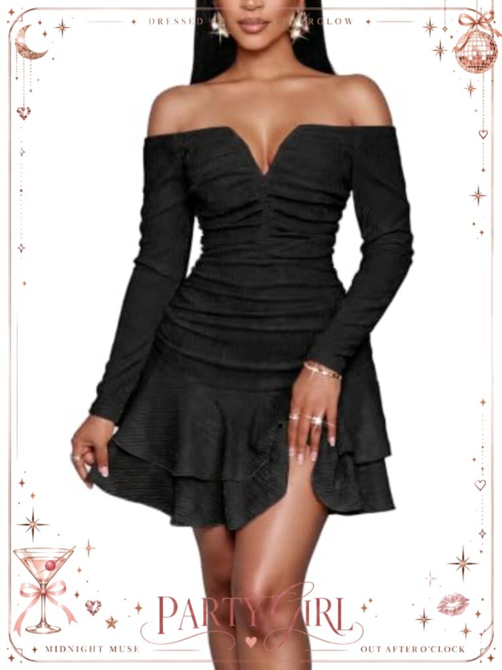 Off Shoulder Ruched Bodycon Mini Dress Long Sleeve Ruffle Hem Party